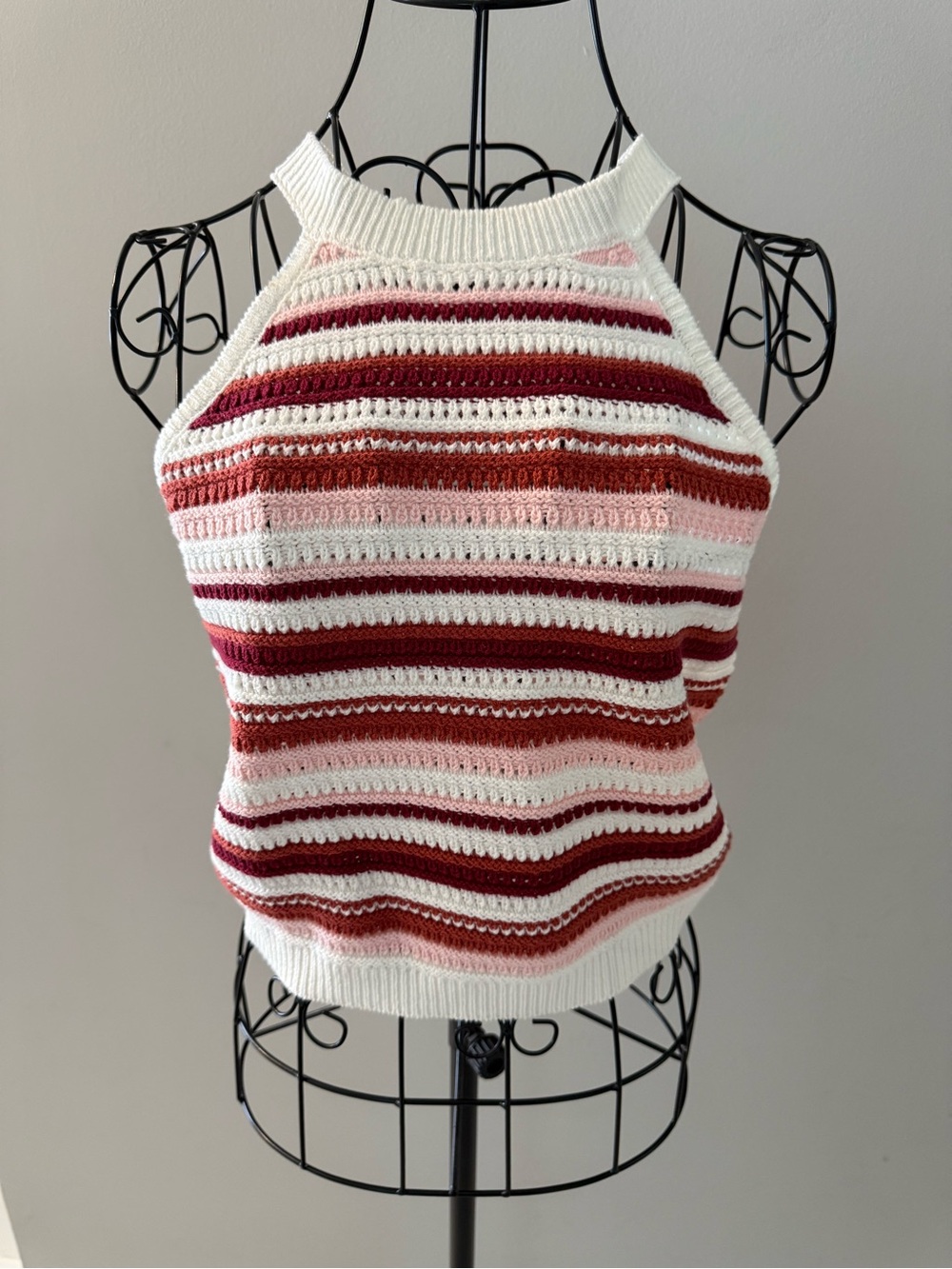 Striped Knit Halter Tank Top - White & Wine Red